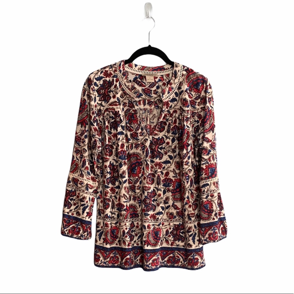 Lucky Brand Floral Paisley V-Neck Top Size Small 3/4 Length Sleeves